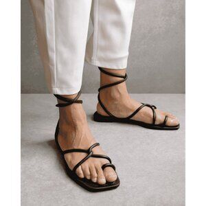 Alohas womens black leather lace it up ankle wrap square toe sandals size 38